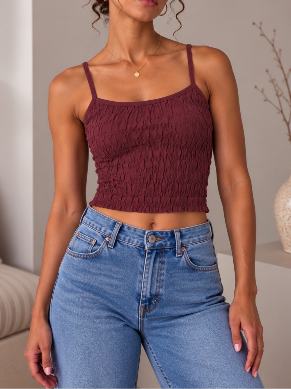 Smocked Square-Neck Crop Tank Top - Burgundy